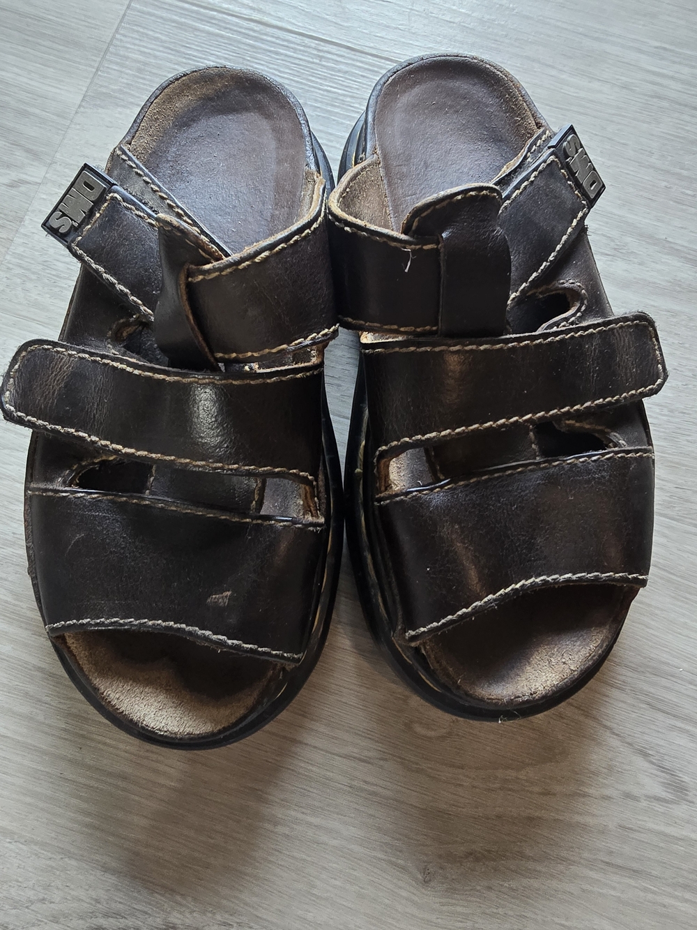 Dr. Martens Dark Brown Leather Slide Sandals with Adjustable Straps